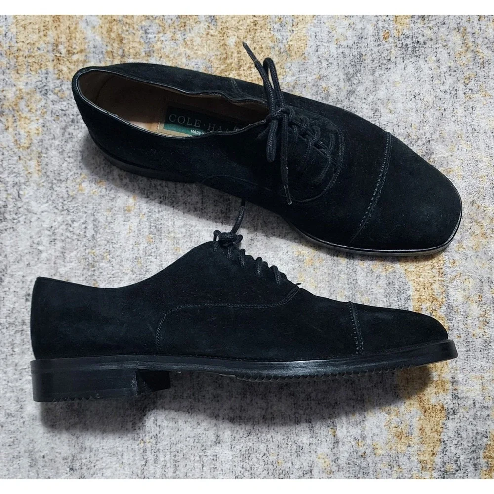 Vintage Cole Haan Men's Black Cap-Toe Suede Oxfords Dress Shoes Size 9.5 D